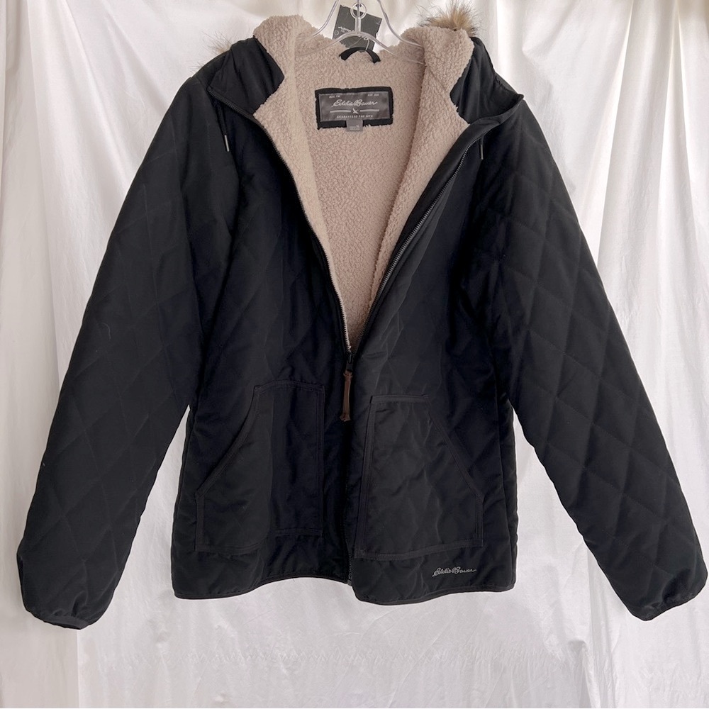 NWT Eddie Bauer Faux Sherpa Lined Quilted Jacket Snow Furry Jacket Black XL
